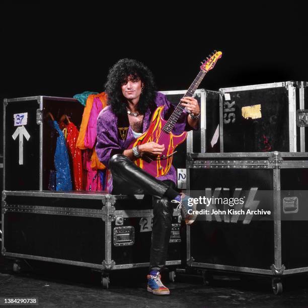 Portrait of American Rock musician Bruce Kulick, of the group Kiss, as he poses with a guitar, New York, New York, 1985.