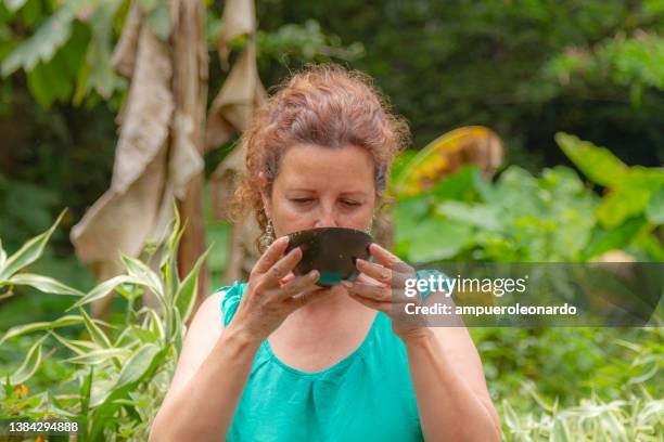 mature latin female tourist drinking wayusa in kichwa or guayusa in spanish in a little community in the middle of the rain forest in some part of the amazon region in ecuador, near to peru and brazil. - ecuador farm stock pictures, royalty-free photos & images