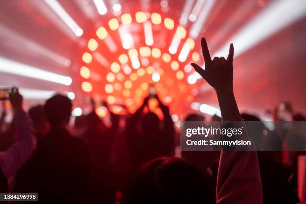 cheering audience at music concert - rockmuziek stockfoto's en -beelden