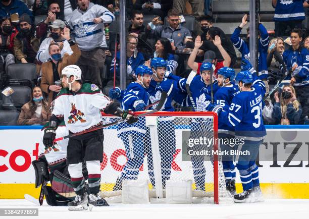 Pierre Engvall of the Toronto Maple Leafs celebrates his goal withe Timothy Liljegren, Alexander Kerfoot, Ilya Mikheyev, Morgan Rielly against the...