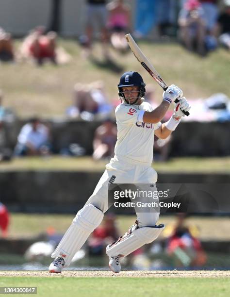 England captain Joe Root bats during day four of the first test match between West Indies and England at Sir Vivian Richards Stadium on March 11,...