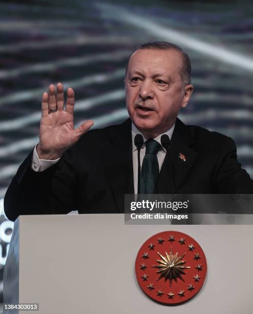 Turkish President Recep Tayyip Erdogan attends the Antalya Diplomacy Forum on March 11, 2022 in Antalya, Turkey. A total of 2,500 participants,...