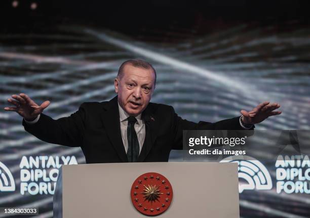 Turkish President Recep Tayyip Erdogan attends the Antalya Diplomacy Forum on March 11, 2022 in Antalya, Turkey. A total of 2,500 participants,...