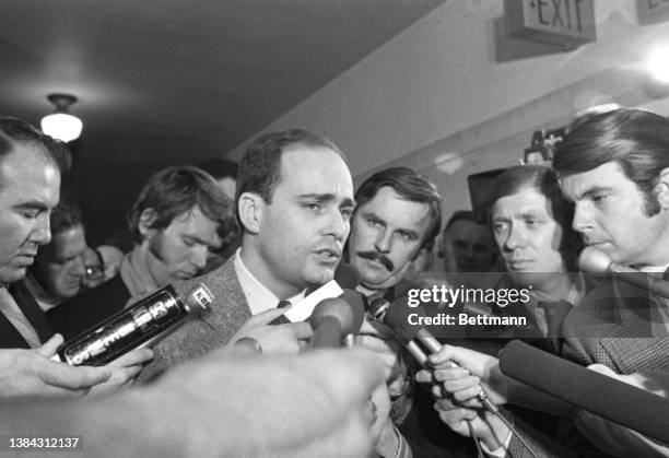 Deputy District Attorney Vincent Bugliosi talks to journalists outside the courtroom after hearing the jury decree the death penalty to hippie...