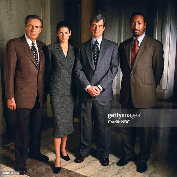 Season 10 -- Pictured: Jerry Orbach as Detective Lennie Briscoe, Angie Harmon as A.D.A. Abbie Carmichael, Sam Waterston as Executive A.D.A. Jack...