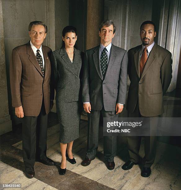 Season 10 -- Pictured: Jerry Orbach as Detective Lennie Briscoe, Angie Harmon as A.D.A. Abbie Carmichael, Sam Waterston as Executive A.D.A. Jack...