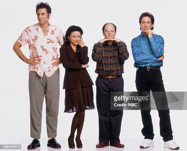 Season 6 -- Pictured: Michael Richards as Cosmo Kramer, Julia Louis-Dreyfus as Elaine Benes, Jason Alexander as George Costanza, Jerry Seinfeld as...