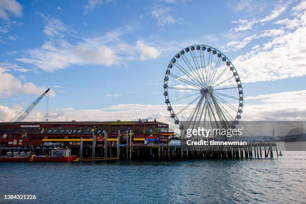 downtown seattle and the great wheel - seattle in the spring stock pictures, royalty-free photos & images