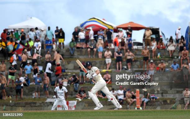 Zakj CRawley of England bats during day four of the first test match between West Indies and England at Sir Vivian Richards Stadium on March 11, 2022...