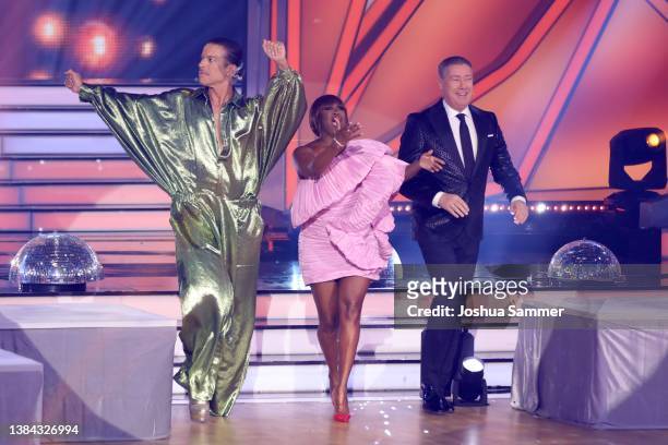 Judges Jorge Gonzalez, Motsi Mabuse and Joachim Llambi are seen on stage during the 3rd show of the 15th season of the television competition show...