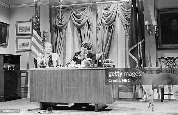 Episode 17 -- Air Date -- Pictured: Ron Nessen, Chevy Chase as President Gerald Ford during "An Oval Office" skit on April 17, 1975