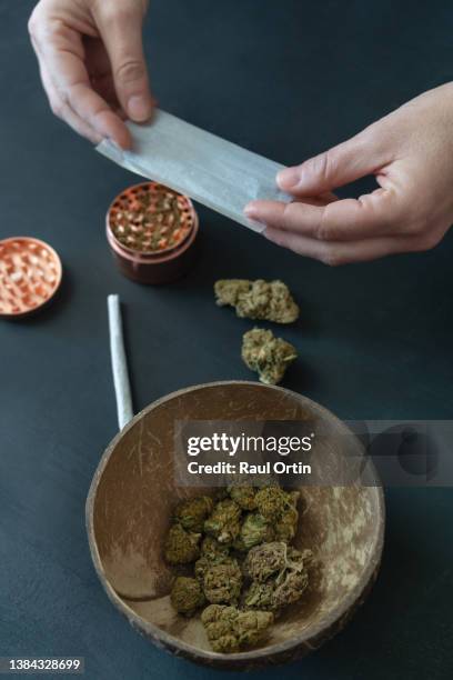 person hands view preparing to roll marijuana joint with grinder and cannabis buds - rolling stockfoto's en -beelden