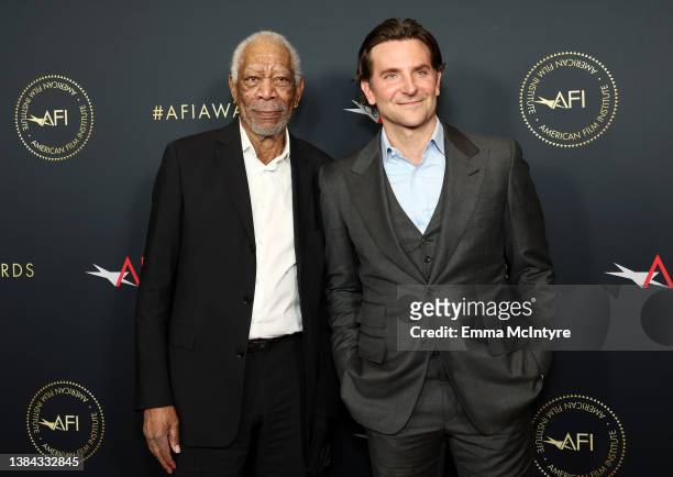 Morgan Freeman and Bradley Cooper attend the AFI Awards Luncheon at Beverly Wilshire, A Four Seasons Hotel on March 11, 2022 in Beverly Hills,...