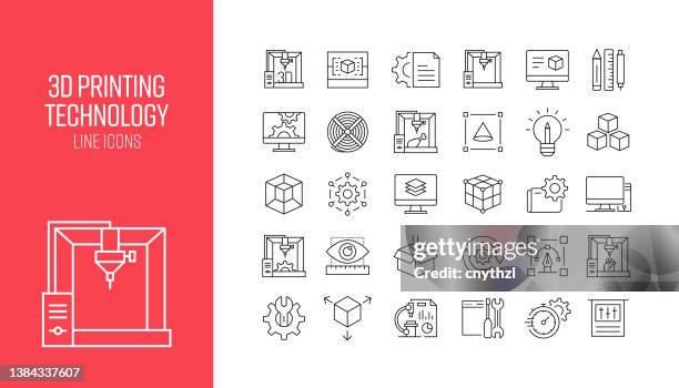 satz von 3d-drucktechnologie verwandte liniensymbole. outline symbol-auflistung - prototype-design-icon stock-grafiken, -clipart, -cartoons und -symbole