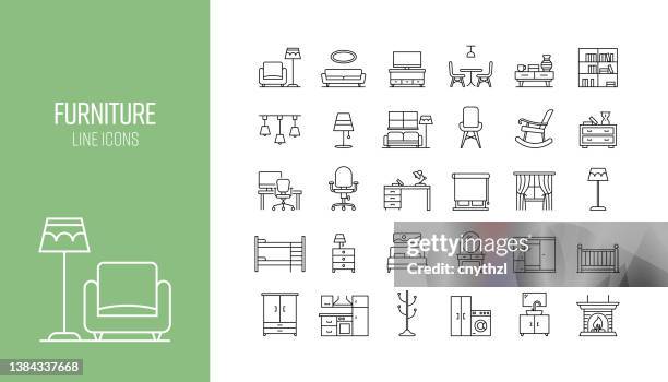 ilustraciones, imágenes clip art, dibujos animados e iconos de stock de conjunto de iconos de línea relacionados con muebles. colección de símbolos de contorno - duvet