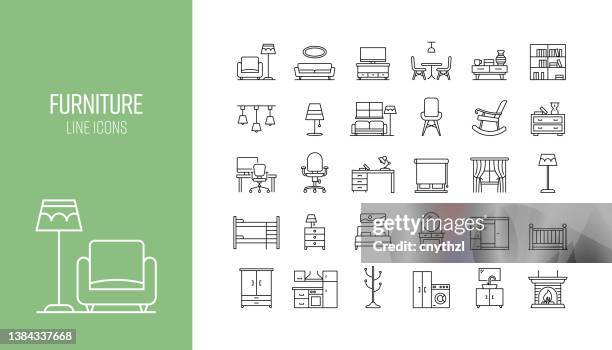 illustrazioni stock, clip art, cartoni animati e icone di tendenza di set di icone di linea relative ai mobili. raccolta di simboli di contorno - mobile