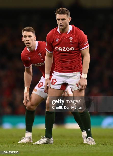 Dan Biggar and Liam Williams of Wales look on during the Guinness Six Nations Rugby match between Wales and France at Principality Stadium on March...