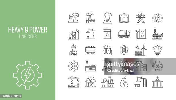 set of heavy and power industry related line icons. outline symbol collection - power of tower stock illustrations