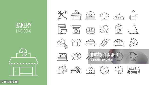 set of bakery related line icons. outline symbol collection - artisanal food and drink stock illustrations