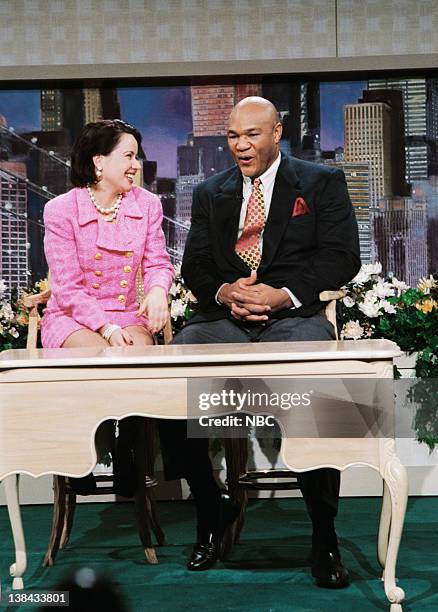 Episode 9 -- Aired -- Pictured: Janeane Garofalo as host, George Foreman during "Looking Good" skit on December 17, 1994