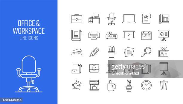 set of office and workspace related line icons. outline symbol collection - desk organizer stock illustrations