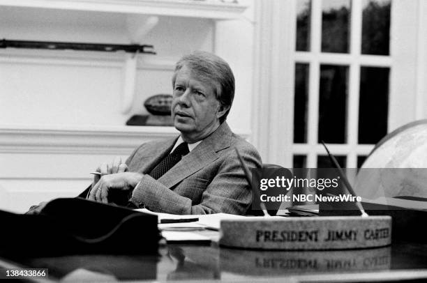 Aired -- Pictured: U.S. President Jimmy Carter in his private study in the White House on April 4, 1977