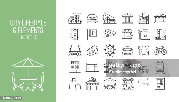 set of city elements related line icons. outline symbol collection - school-cafeteria stock illustrations