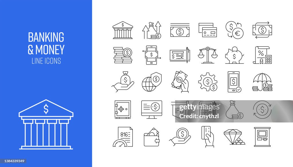 Set of Banking and Money Related Line Icons. Outline Symbol Collection