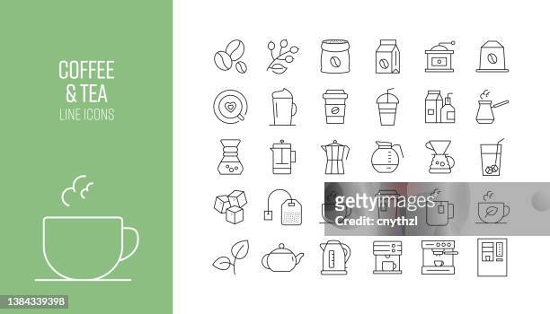 ilustraciones, imágenes clip art, dibujos animados e iconos de stock de conjunto de iconos de línea relacionados con el café y el té. colección de símbolos de contorno - caffeine