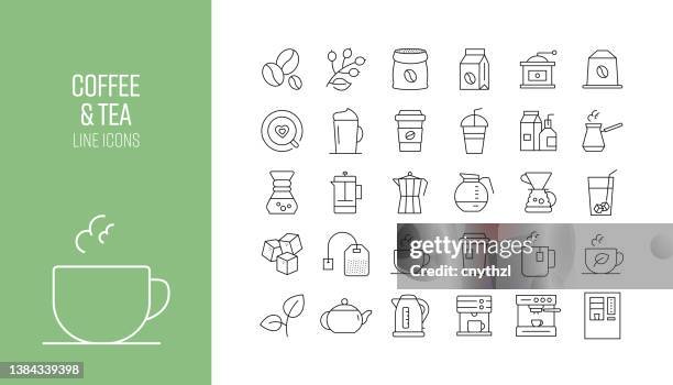 ilustrações, clipart, desenhos animados e ícones de conjunto de ícones da linha relacionada ao café e chá. coleção de símbolos de contorno - café au lait