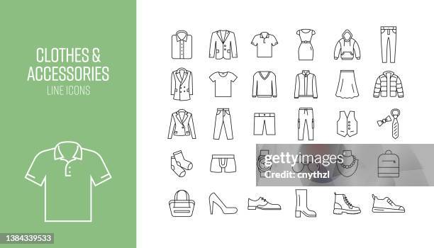 set of clothes and accessories related line icons. outline symbol collection - fashion collection stock illustrations