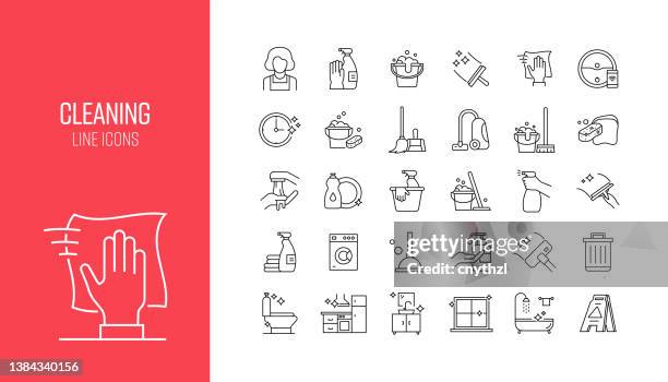 stockillustraties, clipart, cartoons en iconen met set of cleaning related line icons. outline symbol collection - keurig