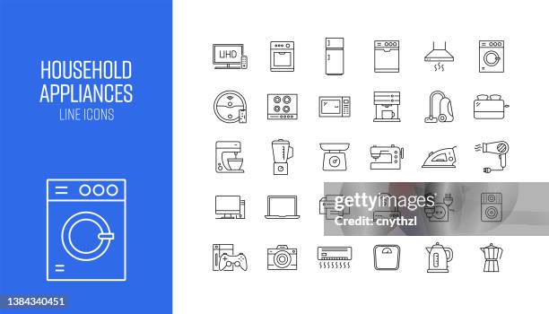 set of household appliances related line icons. outline symbol collection - robot vacuum stock illustrations