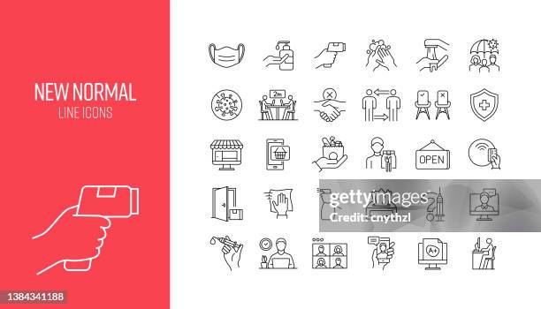 stockillustraties, clipart, cartoons en iconen met set of the new normal related line icons. outline symbol collection - new challenge