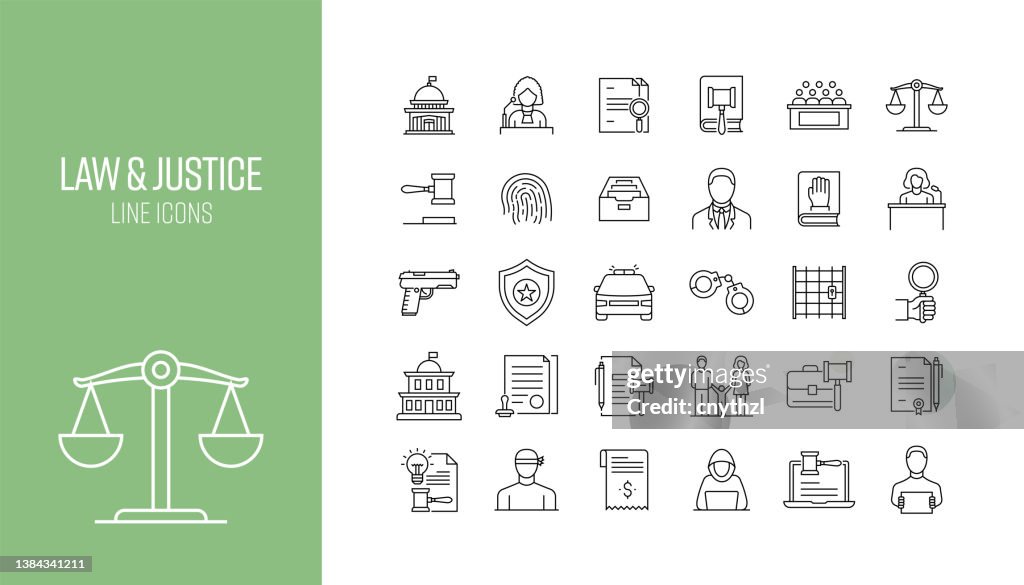 Satz von Rechts- und Gerechtigkeits-bezogenen Liniensymbolen. Outline Symbol-Auflistung