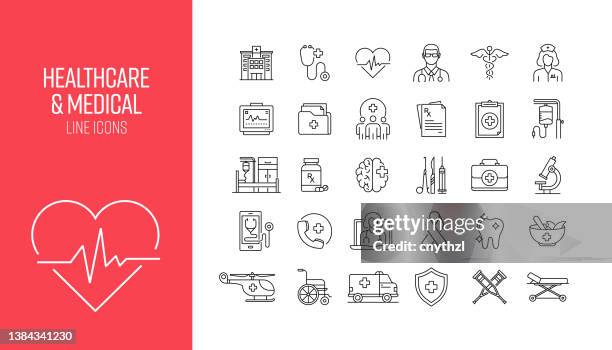 ilustraciones, imágenes clip art, dibujos animados e iconos de stock de conjunto de iconos de línea relacionados con el cuidado de la salud y la medicina. colección de símbolos de contorno - hospital