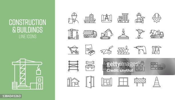 ilustrações de stock, clip art, desenhos animados e ícones de set of construction and buildings related line icons. outline symbol collection - betoneira
