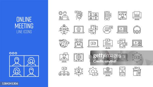 set of online meeting and video call related line icons. outline symbol collection - desktop computer icon stock illustrations