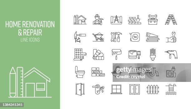 illustrazioni stock, clip art, cartoni animati e icone di tendenza di set di icone di linea relative alla ristrutturazione e alla riparazione della casa. raccolta di simboli di contorno - building icon