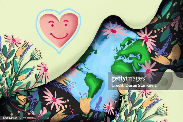 earth day postcard with a smiling heart - international humanitarian aid stock illustrations