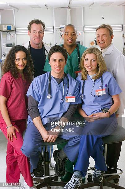 Season 1 -- Pictured: Judy Reyes as Nurse Carla Espinosa, Zach Braff as Dr. John 'J.D.' Dorian, Sarah Chalke as Dr. Elliot Reid John C. McGinley as...