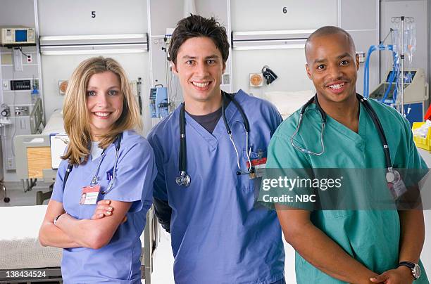 Season 1 -- Pictured: Sarah Chalke as Dr. Elliot Reid, Zach Braff as Dr. John 'J.D.' Dorian, Donald Faison as Dr. Christopher Turk