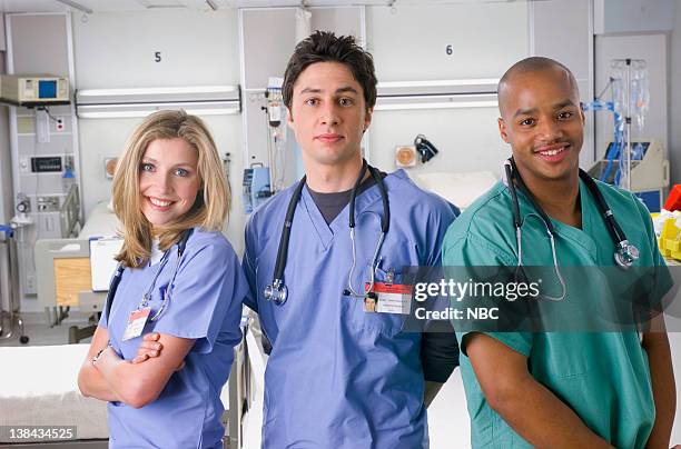 Season 1 -- Pictured: Sarah Chalke as Dr. Elliot Reid, Zach Braff as Dr. John 'J.D.' Dorian, Donald Faison as Dr. Christopher Turk