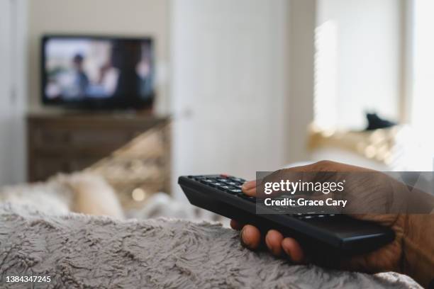 woman watches tv in bed while her dog relaxes in sunny spot on blanket - remote stock-fotos und bilder