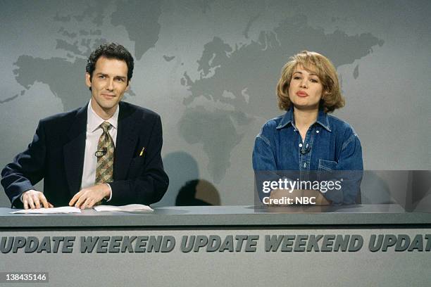 Episode 9 -- Aired -- Pictured: Norm MacDonald, Janeane Garofalo as Martha Stewart during "Weekend Update" on December 17, 1994