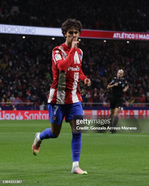Joao Felix of Atletico de Madrid celebrates scoring their opening goal during the LaLiga Santander match between Club Atletico de Madrid and Cadiz CF...