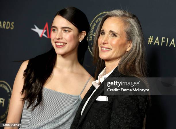 Margaret Qualley and Andie MacDowell attend the AFI Awards Luncheon at Beverly Wilshire, A Four Seasons Hotel on March 11, 2022 in Beverly Hills,...