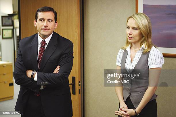 Business Ethics" Episode 2 -- Pictured: Steve Carell as Michael Scott, Amy Ryan as Holly Flax