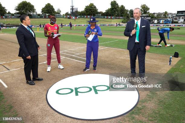 LtrMatch Referee Shandre Fritz of South Africa, Stafanie Taylor of the West Indies, Mithali Raj of India and Craig McMillan take part in the coin...