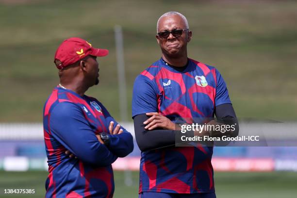 Coach Courtney Walsh of the West Indies looks on during the 2022 ICC Women's Cricket World Cup match between West Indies and India at Seddon Park on...